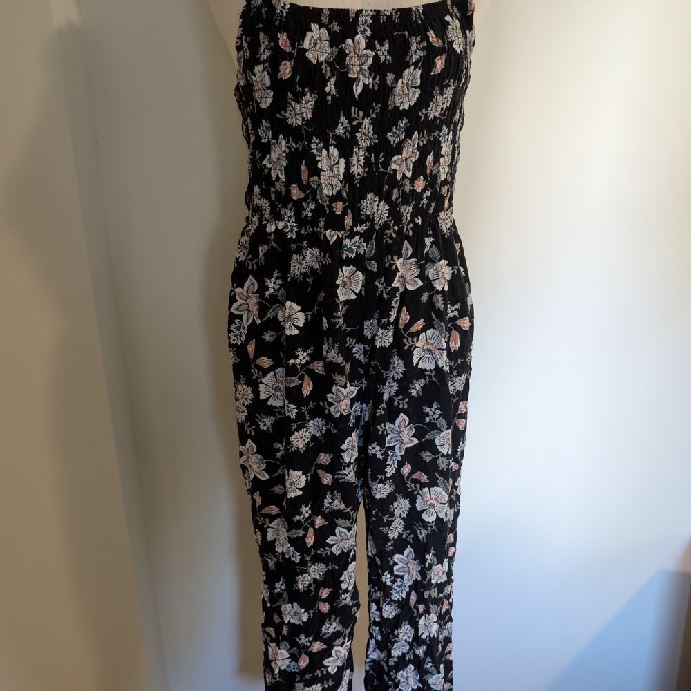 Maurices Black Strapless Floral Jumpsuit